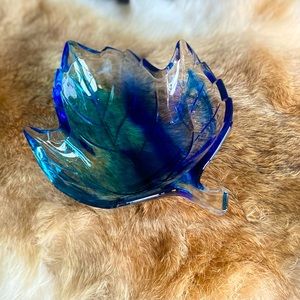 Studio Nova Art Glass Candy Trinket Dish Autumn Maple Leaf Cobalt Blue